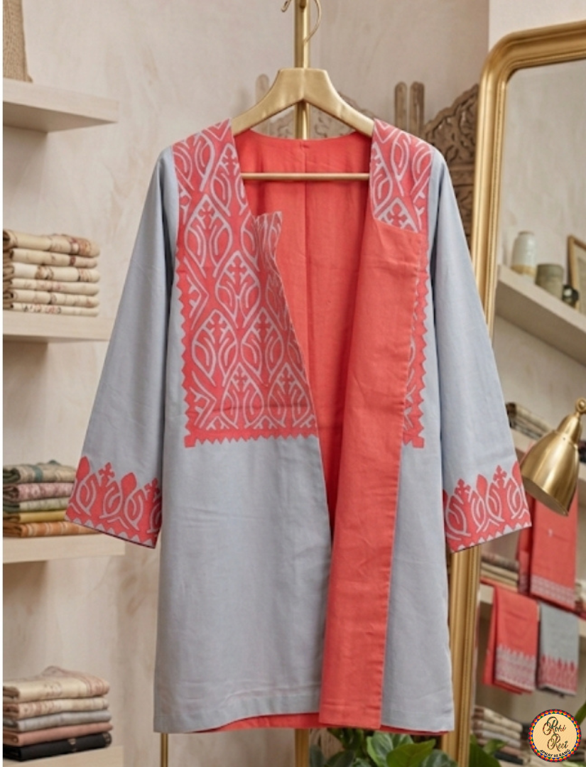 Handcrafted Slate Grey & Coral Floral Applique Jacket.