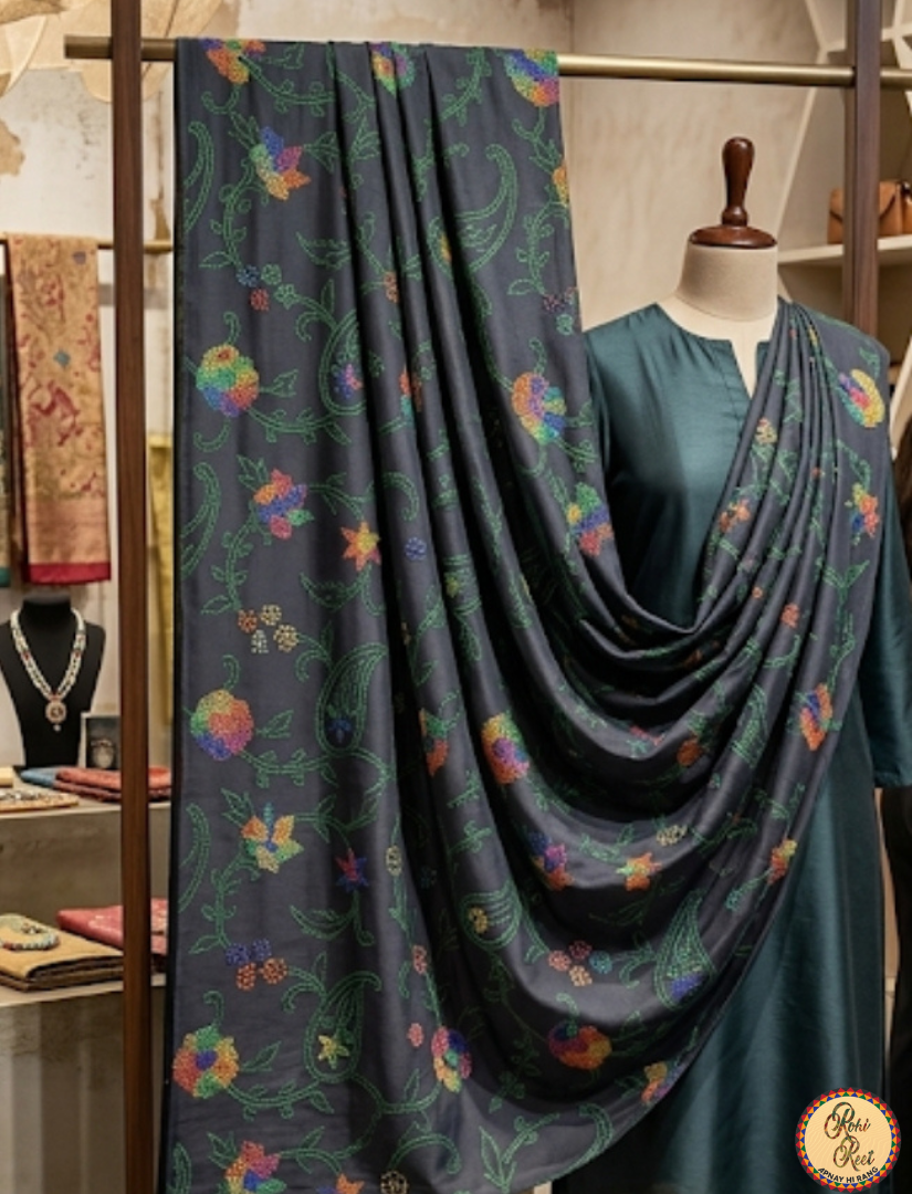 Midnight Charcoal Hand-Embroidered Shawl, Dupatta